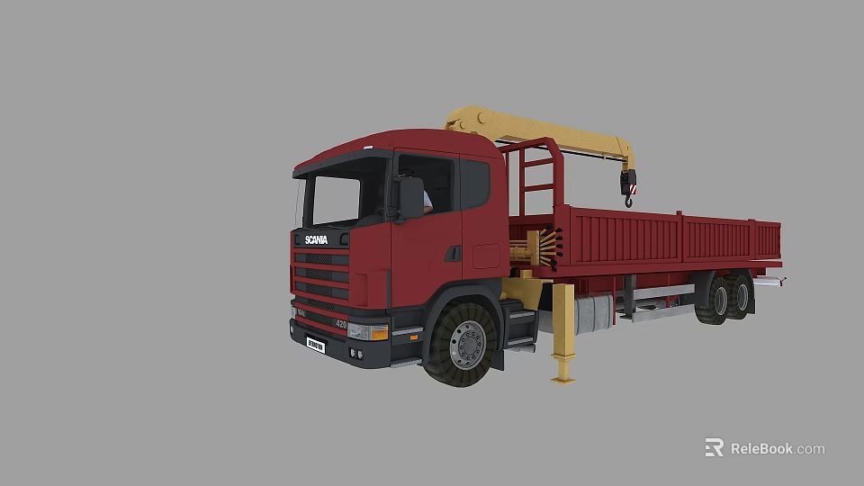 Red Scania Utility Truck With Yellow Crane And Flatbed Cargo Body 3d model 