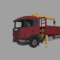 Red Scania Utility Truck With Yellow Crane And Flatbed Cargo Body