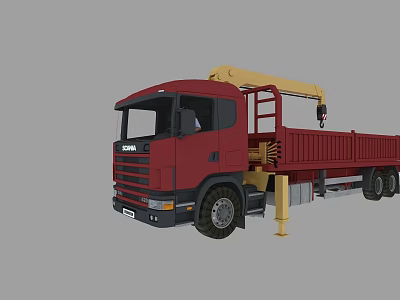Red Scania Utility Truck With Yellow Crane And Flatbed Cargo Body 3d model