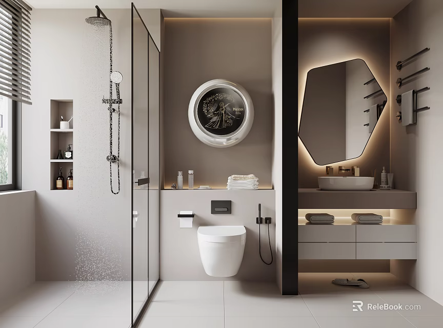 Modern Bathroom Interior With Glass Shower Hexagonal Lighted Mirror Vanity And Wall Mounted Toilet 3d model 