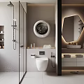 Modern Bathroom Interior With Glass Shower Hexagonal Lighted Mirror Vanity And Wall Mounted Toilet
