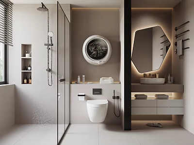Modern Bathroom Interior With Glass Shower Hexagonal Lighted Mirror Vanity And Wall Mounted Toilet 3d model