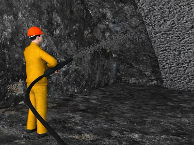 Game Movie Character in Yellow Work Uniform With Orange Safety Helmet Holding Black Hose in Rocky Mine Tunnel 3d model