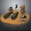 Textured Sandy Surface With Green Hollow Devices And Red White Accent