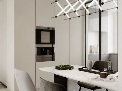 Modern Kitchen Decorative Ornament Set On White Countertop With Geometric Pendant Lights And Dining Accents 3d model