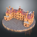 Classical European Style Architecture Model With Red Roof Multiple Chimneys And Circular Base