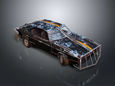 Vintage Black Muscle Car With Rustic Metal Frame Yellow Racing Stripes And Front Protective Grille 3d model