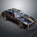 Vintage Black Muscle Car With Rustic Metal Frame Yellow Racing Stripes And Front Protective Grille