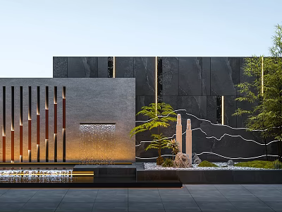 Modern Outdoor Landscape Design With Stone Wall Water Feature Green Plants And Linear Decorations 3d model