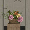 Wicker Basket Holding Pink Yellow Orange Flowers Green Leaves On Wooden Blocks Gray Wall Arch