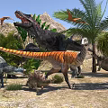 Prehistoric Reptiles Tyrannosaurus Orange Striped Dinosaurs In Jurassic Landscape With Palm Trees And Mountains