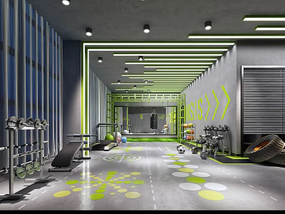 Modern Fitness Gym Interior With Green Accent Lines Workout Equipment And Floor Patterns 3d model