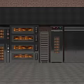 Commercial Kitchen Appliances With Stainless Steel Ovens Metal Racks And Refrigerators On Brick Wall Background