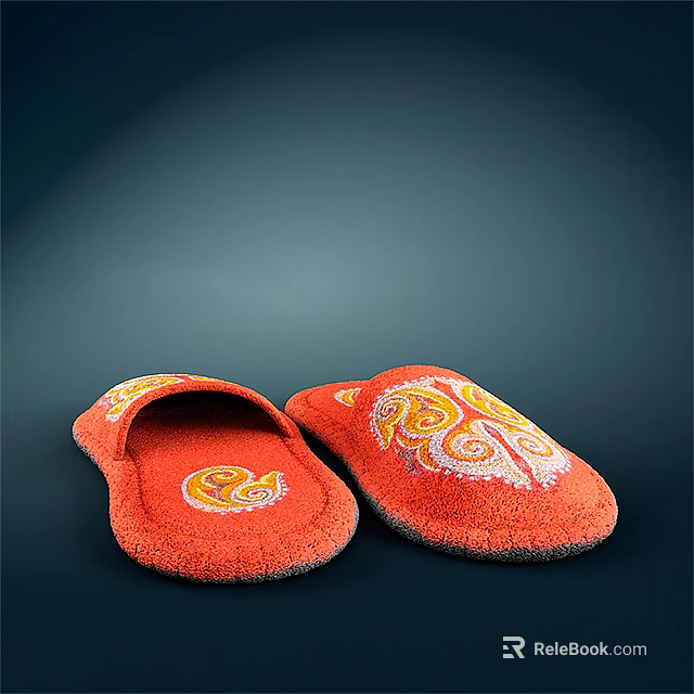 Orange Plush Slippers Adorned With Decorative Floral Patterns For Indoor Wear 3d model