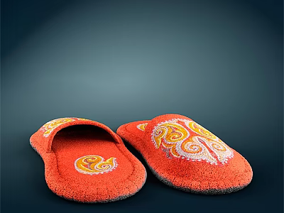 Orange Plush Slippers Adorned With Decorative Floral Patterns For Indoor Wear 3d model