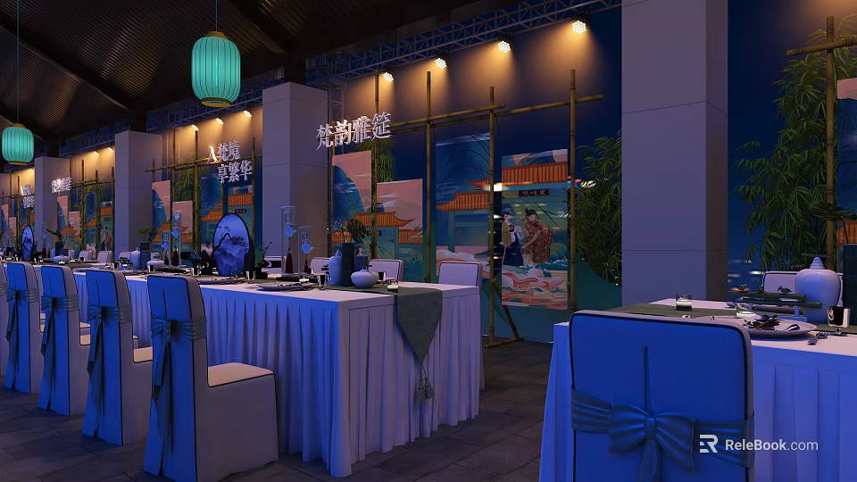 Elegant Chinese Style Banquet Hall With Tables Chairs And Traditional Lantern Decorations 3d model 