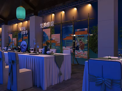 Elegant Chinese Style Banquet Hall With Tables Chairs And Traditional Lantern Decorations 3d model