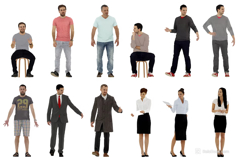 Multiple People With Different Poses And Various Clothing Styles Including Casual And Formal Wear 3d model 