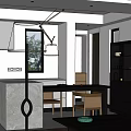 Modern Restaurant Interior With Hanging Lamp Dining Table Wooden Chairs And Black Cabinets