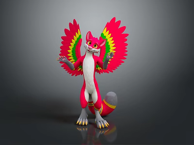 Colorful Mythical Game Movie Character With Pink Wings Green Yellow Stripes And Red White Body 3d model