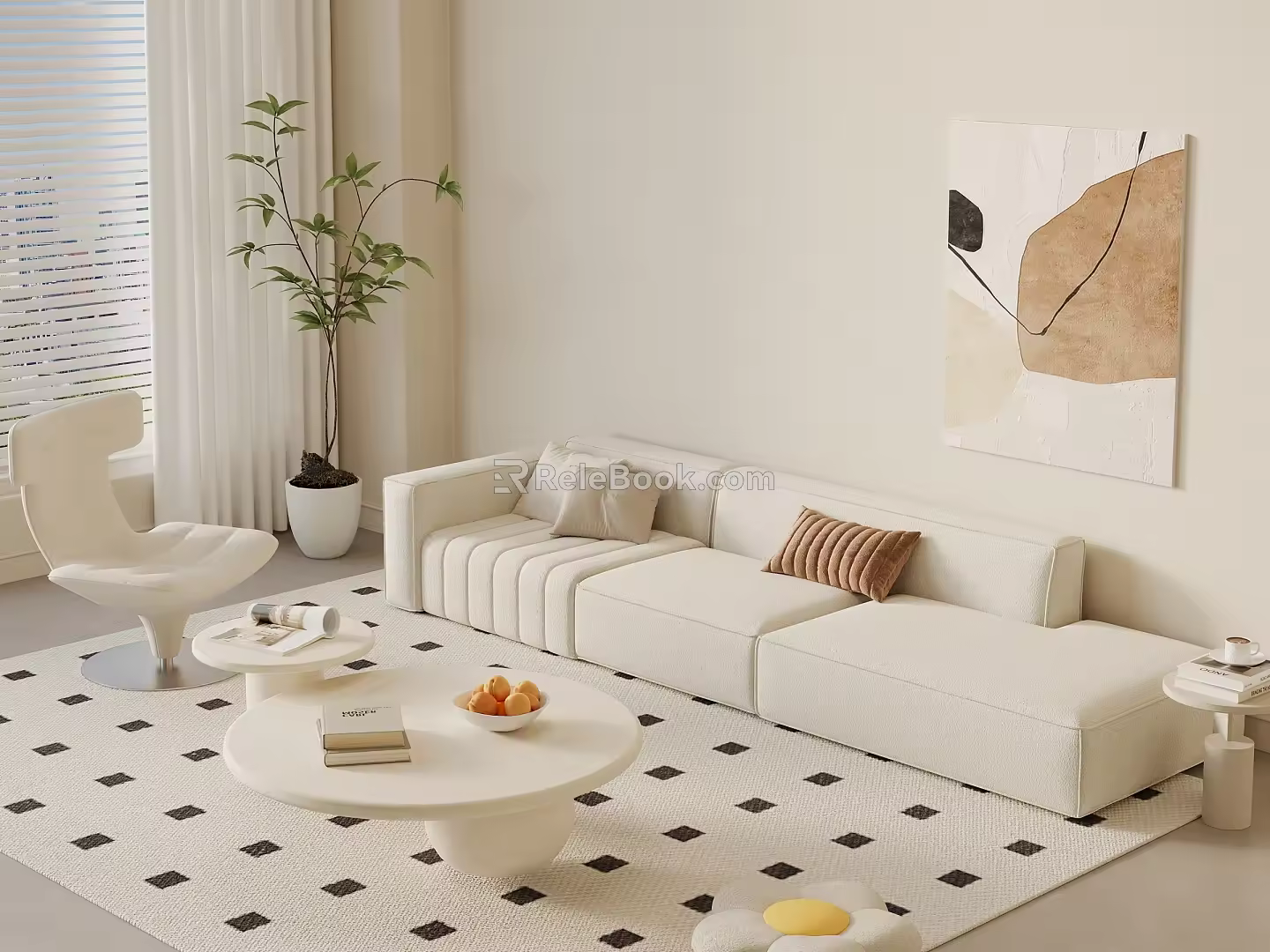 Cream wind sofa coffee table combination single sofa floor-standing potted plant 3d model