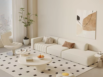 Modern Living Room White Sofa and Coffee Table Set with Checkered Rug Wall Art 3d model