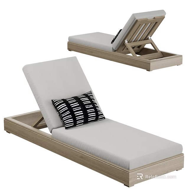 Modern Wooden Frame Lounge Chair With White Cushion And Black White Striped Pillow 3d model 