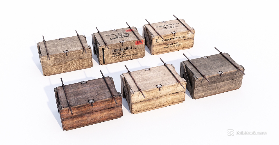 Vintage Wooden Boxes With Metal Nails And Worn Surfaces Arranged Together 3d model 