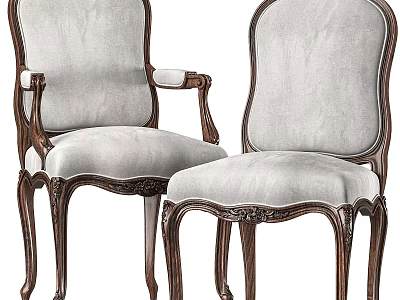 Classic Style Wooden Carved Chair With Light Fabric Upholstery Armrest And Ornate Legs 3d model