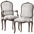 Classic Style Wooden Carved Chair With Light Fabric Upholstery Armrest And Ornate Legs