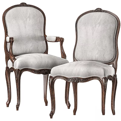 Classic Style Wooden Carved Chair With Light Fabric Upholstery Armrest And Ornate Legs 3d model