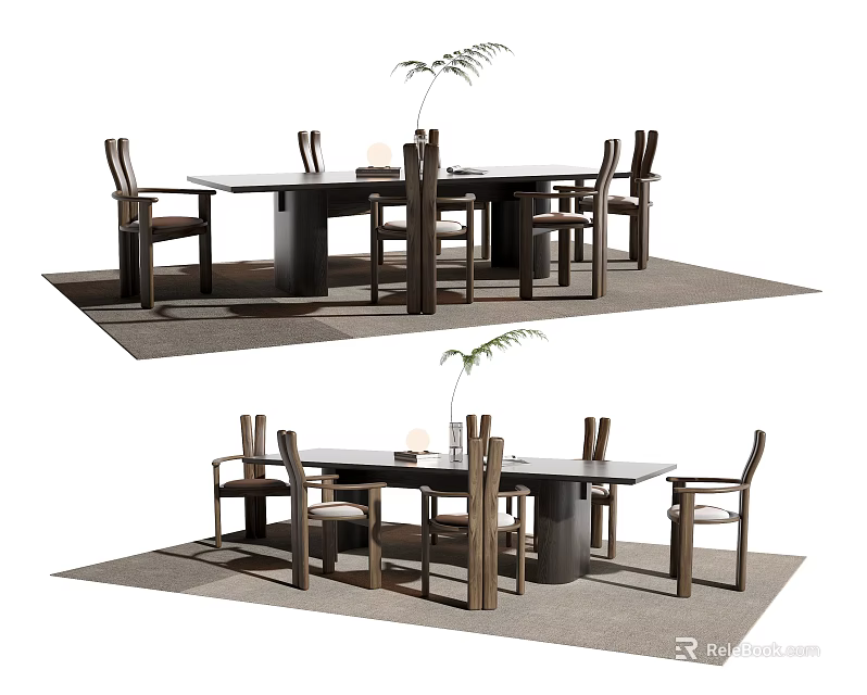 Round And Rectangular Dining Table Set With Wooden Chairs Vase And Leafy Plant 3d model
