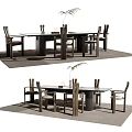 Round And Rectangular Dining Table Set With Wooden Chairs Vase And Leafy Plant 3d model