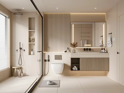 Modern Bathroom Interior Design With Shower Area Toilet Vanity Mirror And Cabinets 3d model
