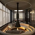 Cozy Modern Lounge Area With Circular Fire Pit Curved Sofas Pendant Light And Sliding Windows 3d model