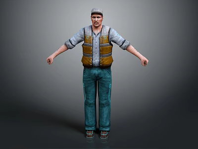 Man Wearing Blue Shirt Yellow Vest And Blue Pants With Cap Arms Outstretched 3d model