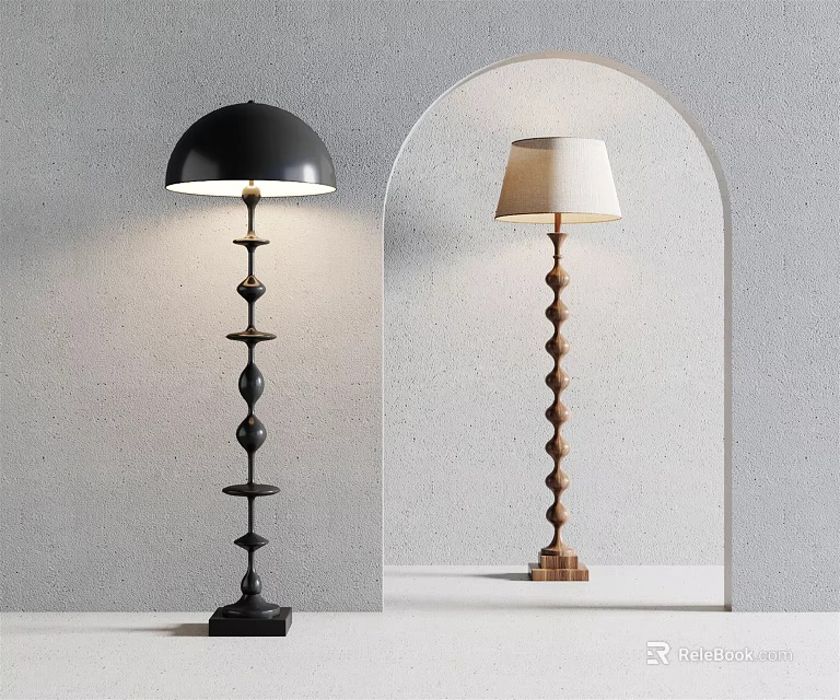 Black Spherical And Wooden Spiral Floor Lamps In Modern Interior With Gray Wall Archway 3d model 