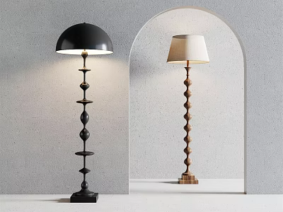 Black Spherical And Wooden Spiral Floor Lamps In Modern Interior With Gray Wall Archway 3d model