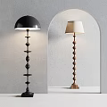 Black Spherical And Wooden Spiral Floor Lamps In Modern Interior With Gray Wall Archway