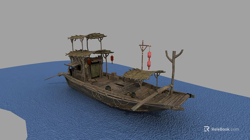 Traditional Wooden Boat with Bamboo Roof and Red Lanterns on Calm Water Surface 3d model 