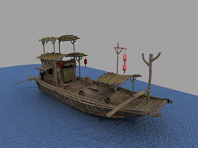 Traditional Wooden Boat with Bamboo Roof and Red Lanterns on Calm Water Surface 3d model