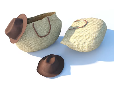 Natural Straw Daily Items Including Tote Bag And Two Brown Hats For Home Use 3d model