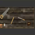 Wooden Carpentry Workbench Setup With Saw Hammer Chisel And Stacked Wooden Logs