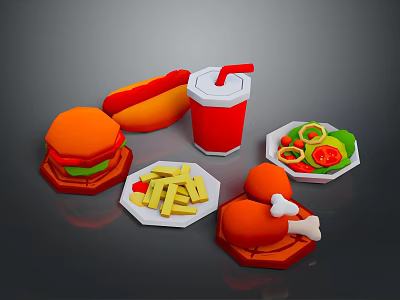 Delicious Fast Food Selection Including Hamburger Hot Dog Fries Chicken Leg Salad And Drink 3d model