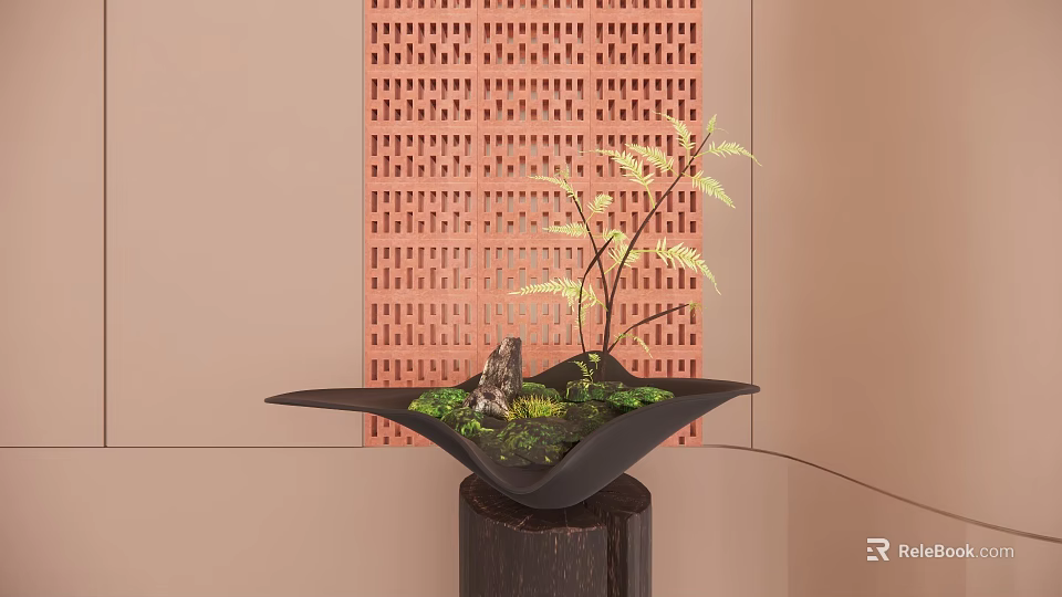 Indoor Landscape With Black Irregular Planter On Wooden Pedestal Greenery Moss Red Perforated Brick Wall 3d model 