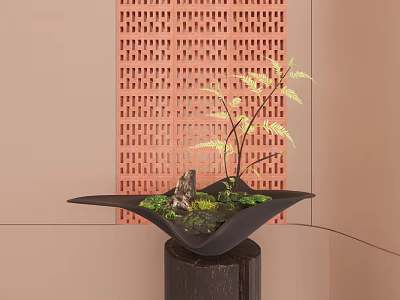 Indoor Landscape With Black Irregular Planter On Wooden Pedestal Greenery Moss Red Perforated Brick Wall 3d model