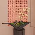 Indoor Landscape With Black Irregular Planter On Wooden Pedestal Greenery Moss Red Perforated Brick Wall