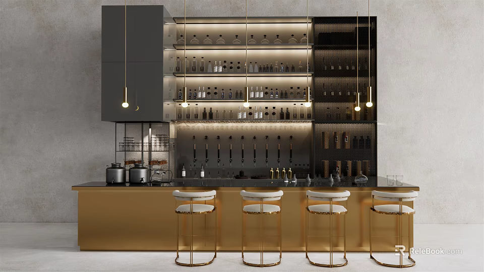 Elegant Modern Bar Counter With Black Top Gold Stools Wine Cabinet And Hanging Lights 3d model 