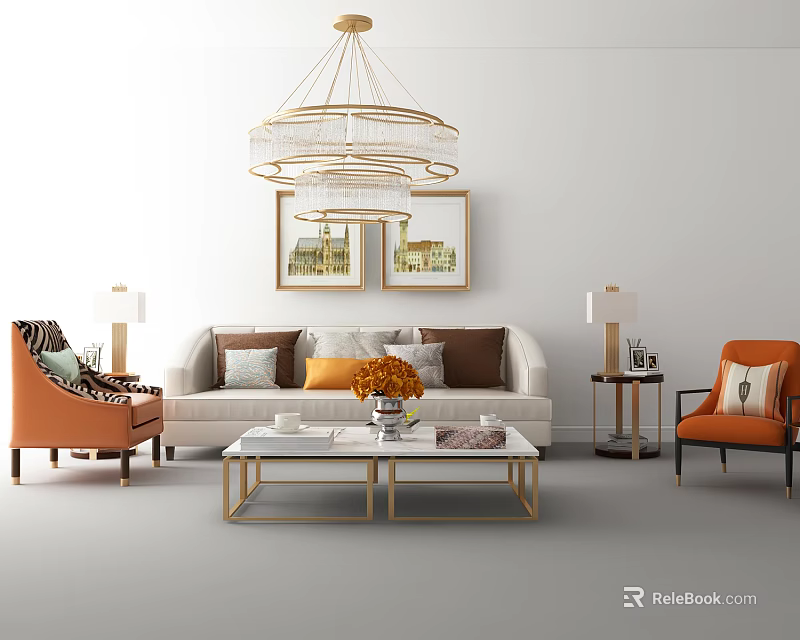Stylish Sofa And Coffee Table Set With Orange Accent Chairs Framed Wall Art And Chandelier 3d model 