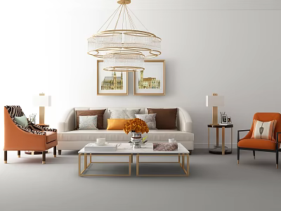 Stylish Sofa And Coffee Table Set With Orange Accent Chairs Framed Wall Art And Chandelier 3d model